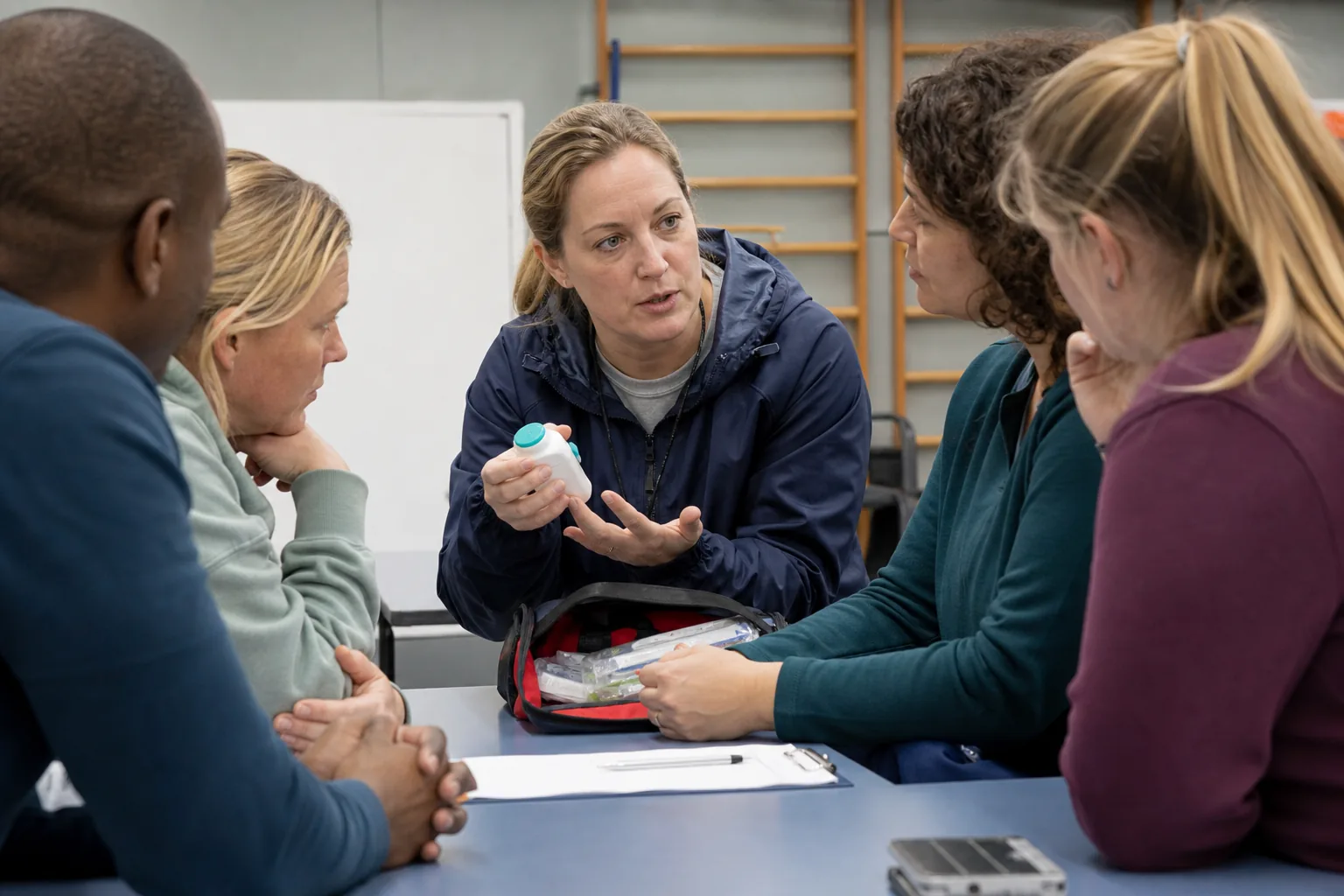 Een Nederlandse sportclub of leslokaal. Beeld bij het artikel: Waar moet je op letten als een leerling met medicijnen of allergieen mee op excursie gaat?